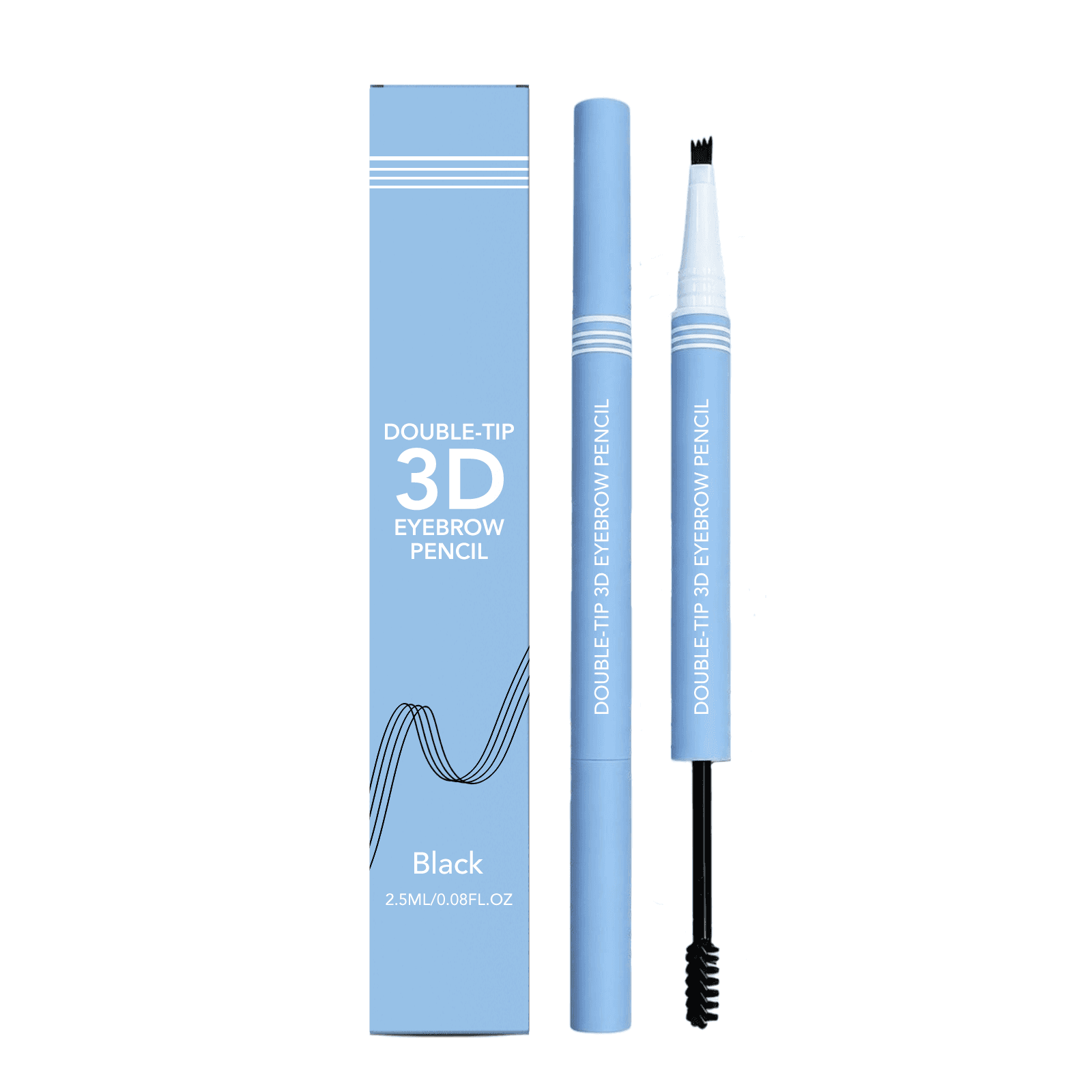 Black dual-ended eyebrow pencil with matching blue box and spoolie brush