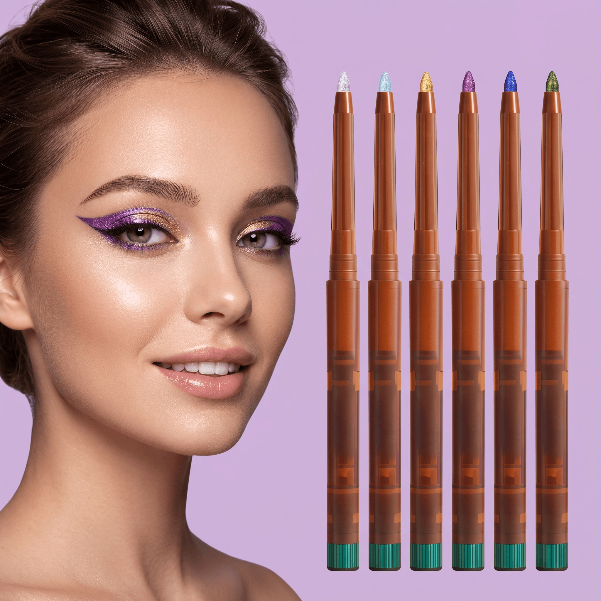 Six color-changing eyeliner pencils in assorted shades beside a purple eye-makeup look