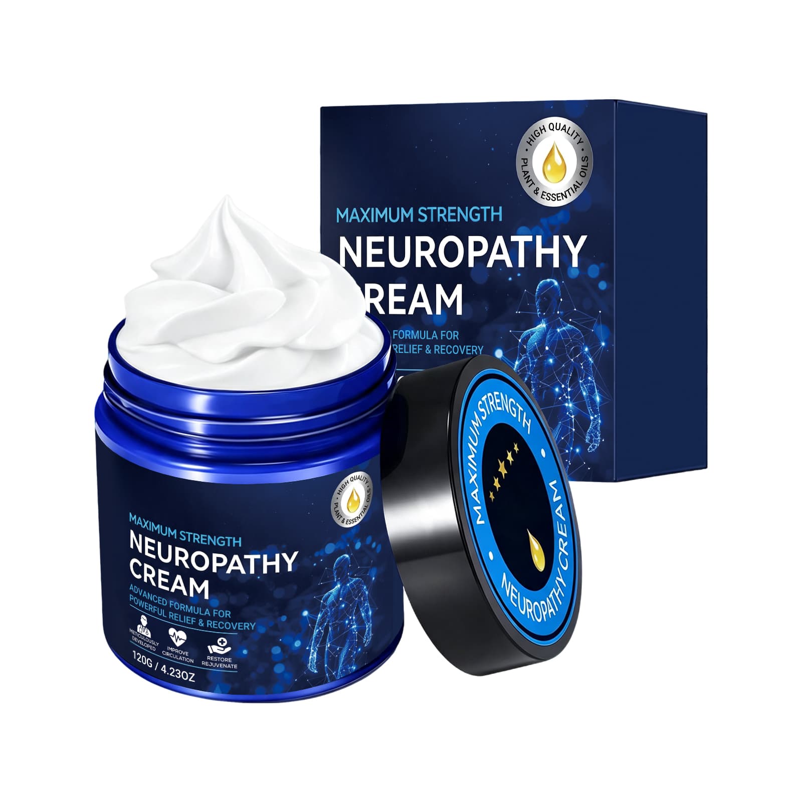 Body care cream jar with matching blue box