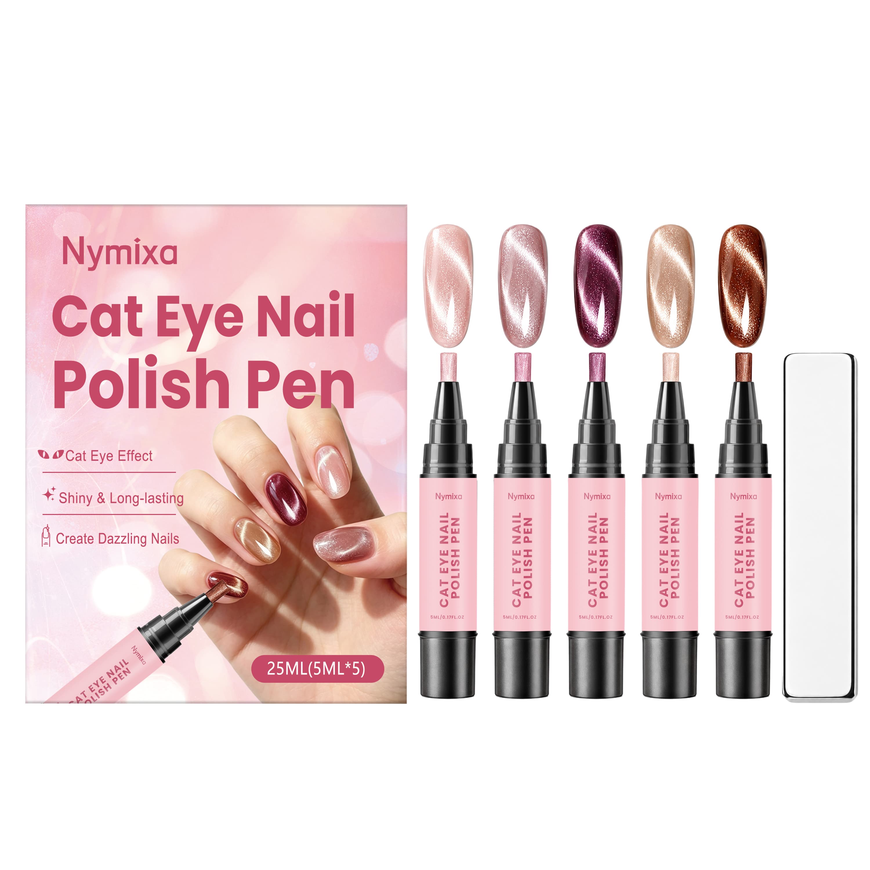 Five-color cat-eye gel nail pen set with matching box