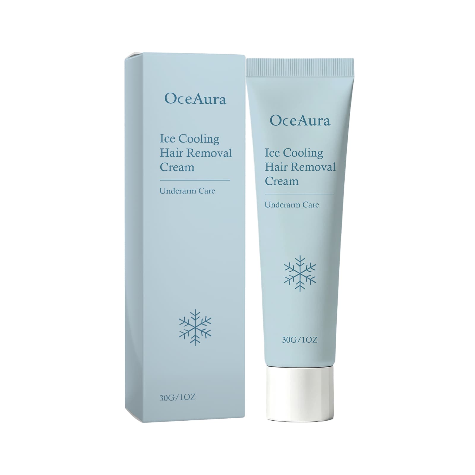 Cooling hair removal cream tube with matching blue box