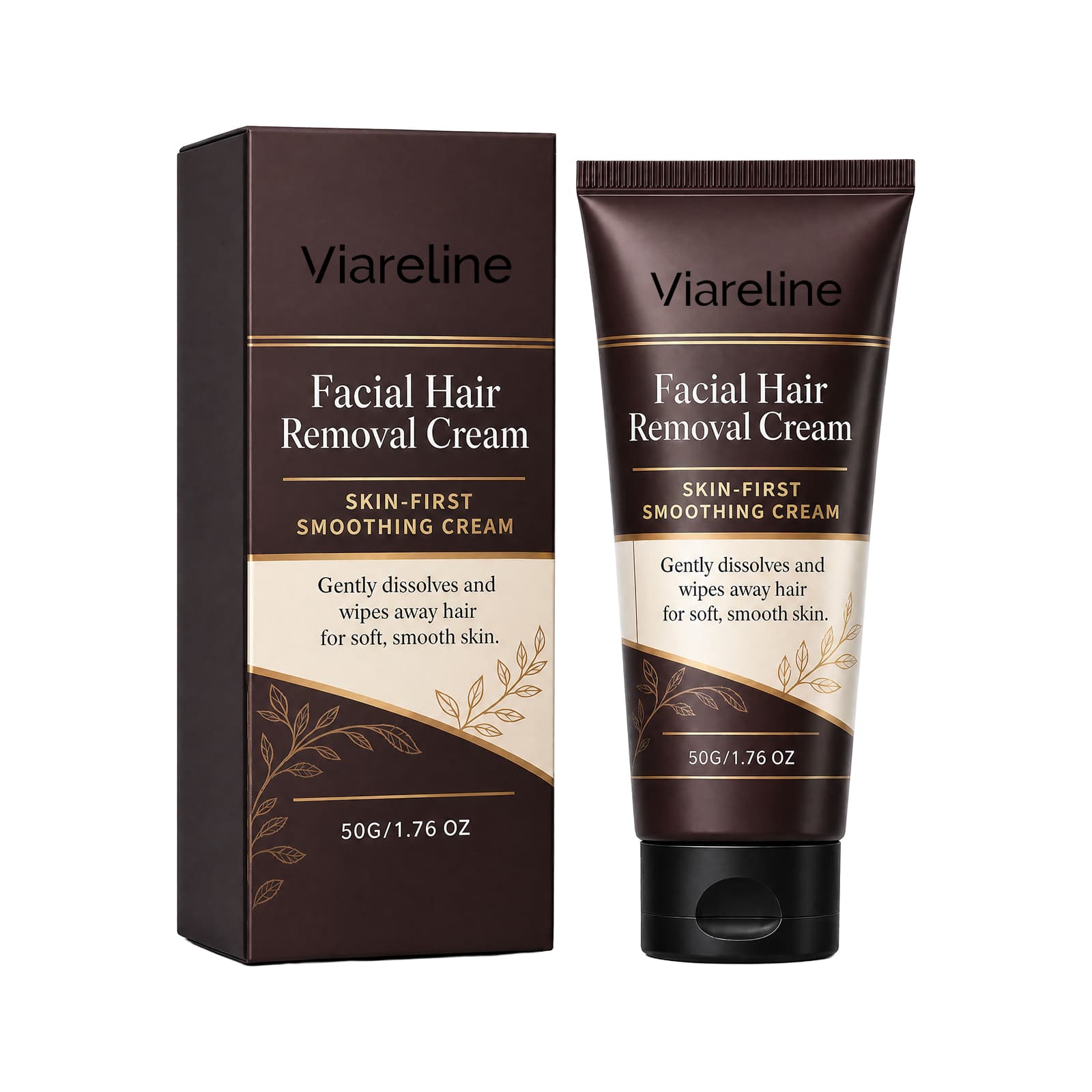 Facial hair removal cream tube with matching brown box