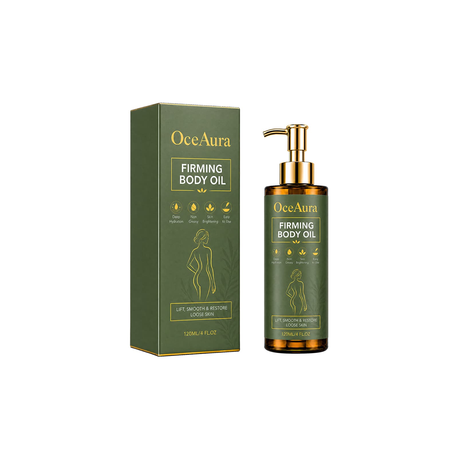 Moisturizing body oil pump bottle with matching green box