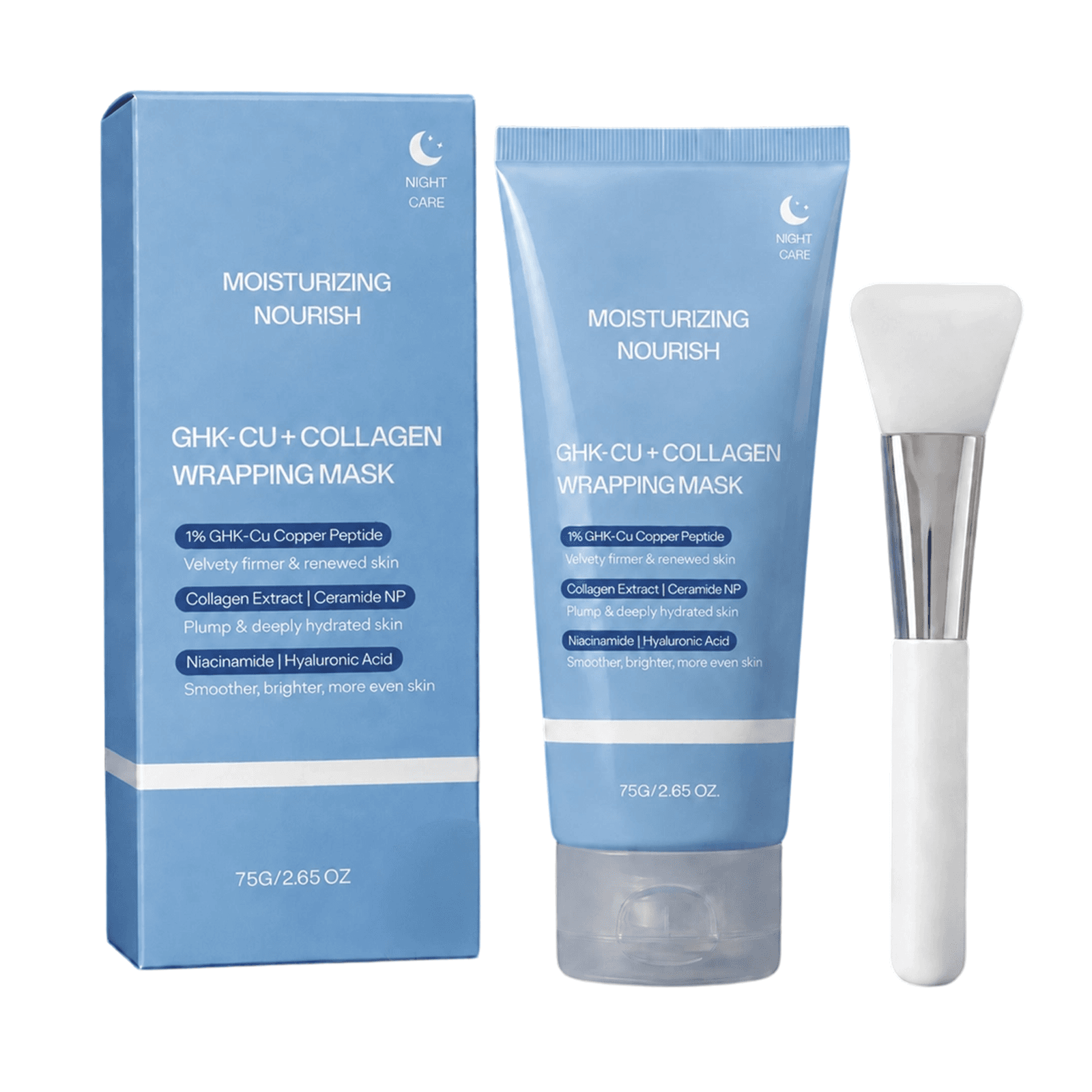 Overnight wrapping mask tube with applicator brush and matching blue box