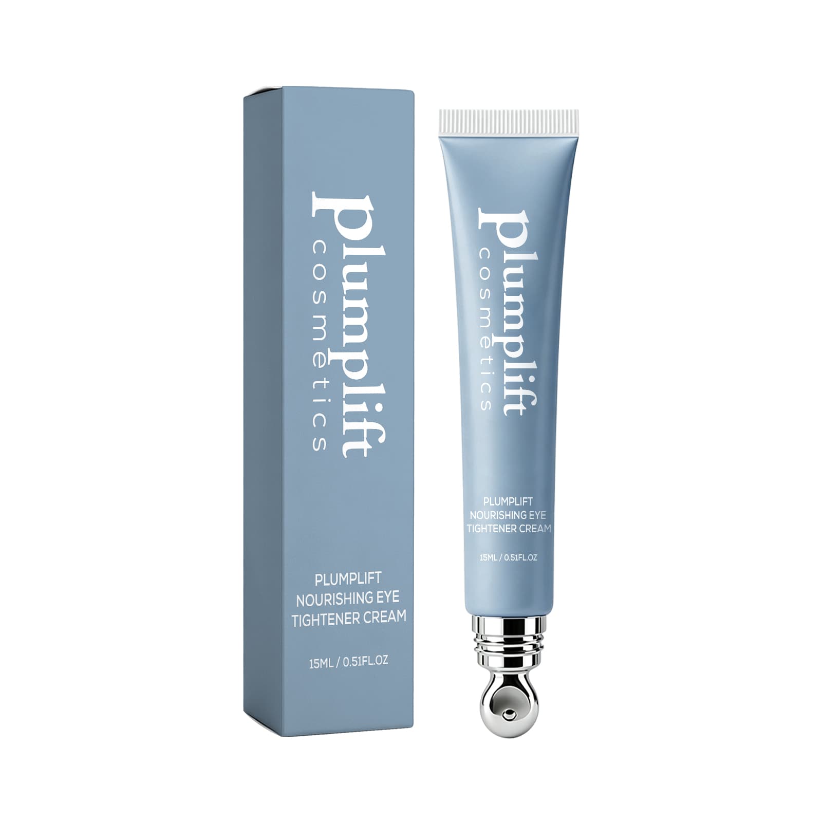 Eye care cream tube with metal applicator and matching blue box