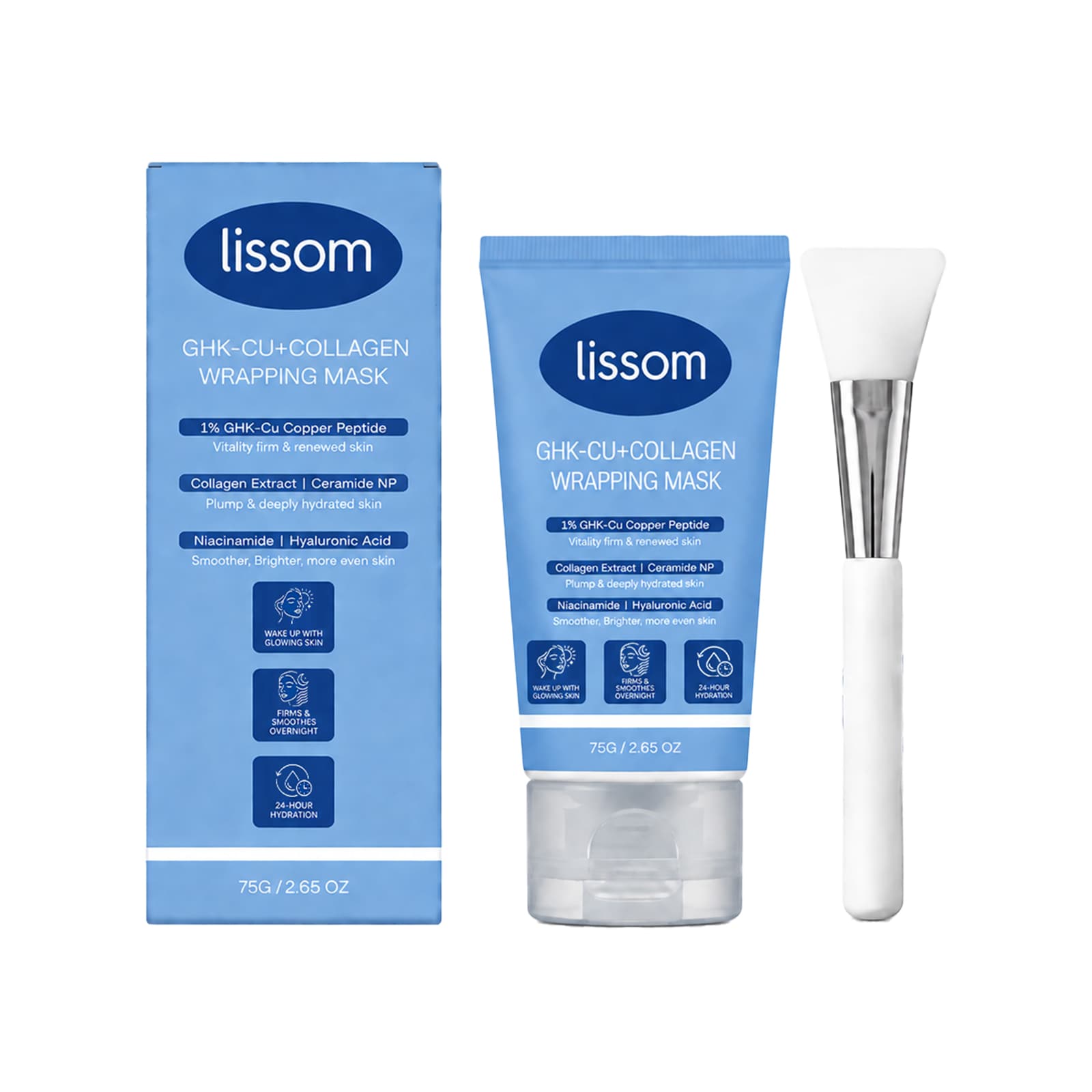 Collagen face mask tube with applicator brush and matching blue box