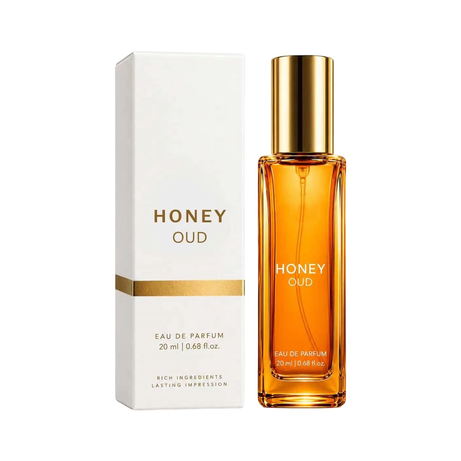 Honey oud fragrance spray bottle with matching white box