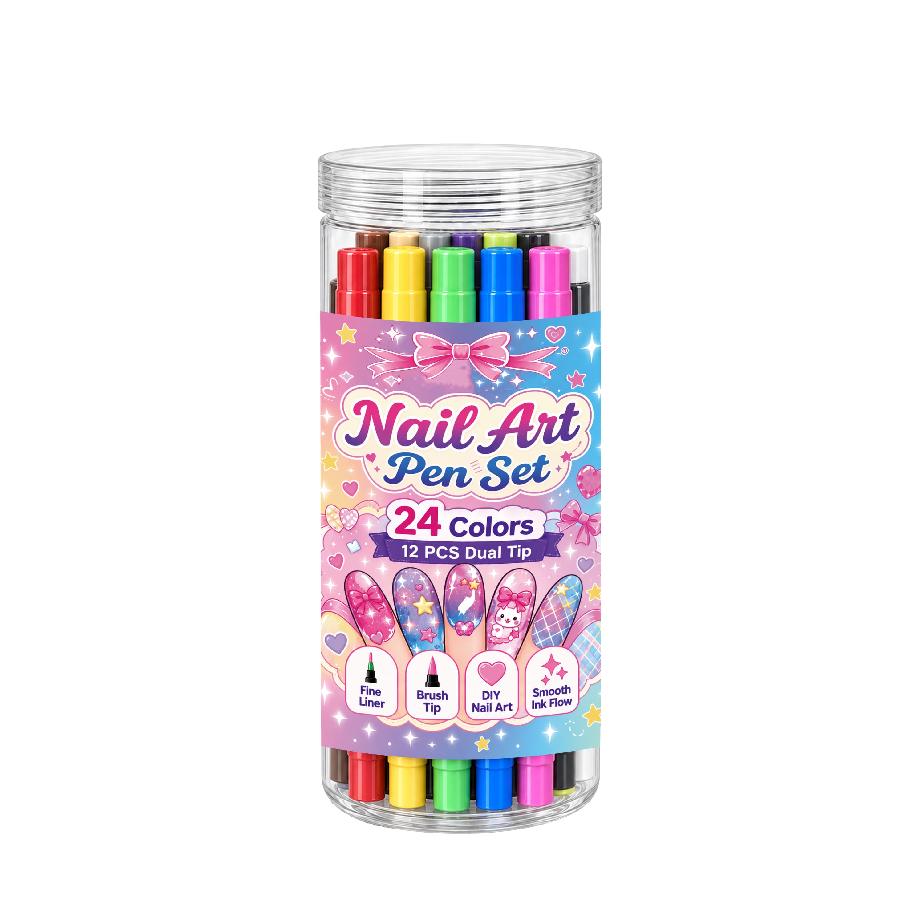 24-color nail art pen set in clear storage jar