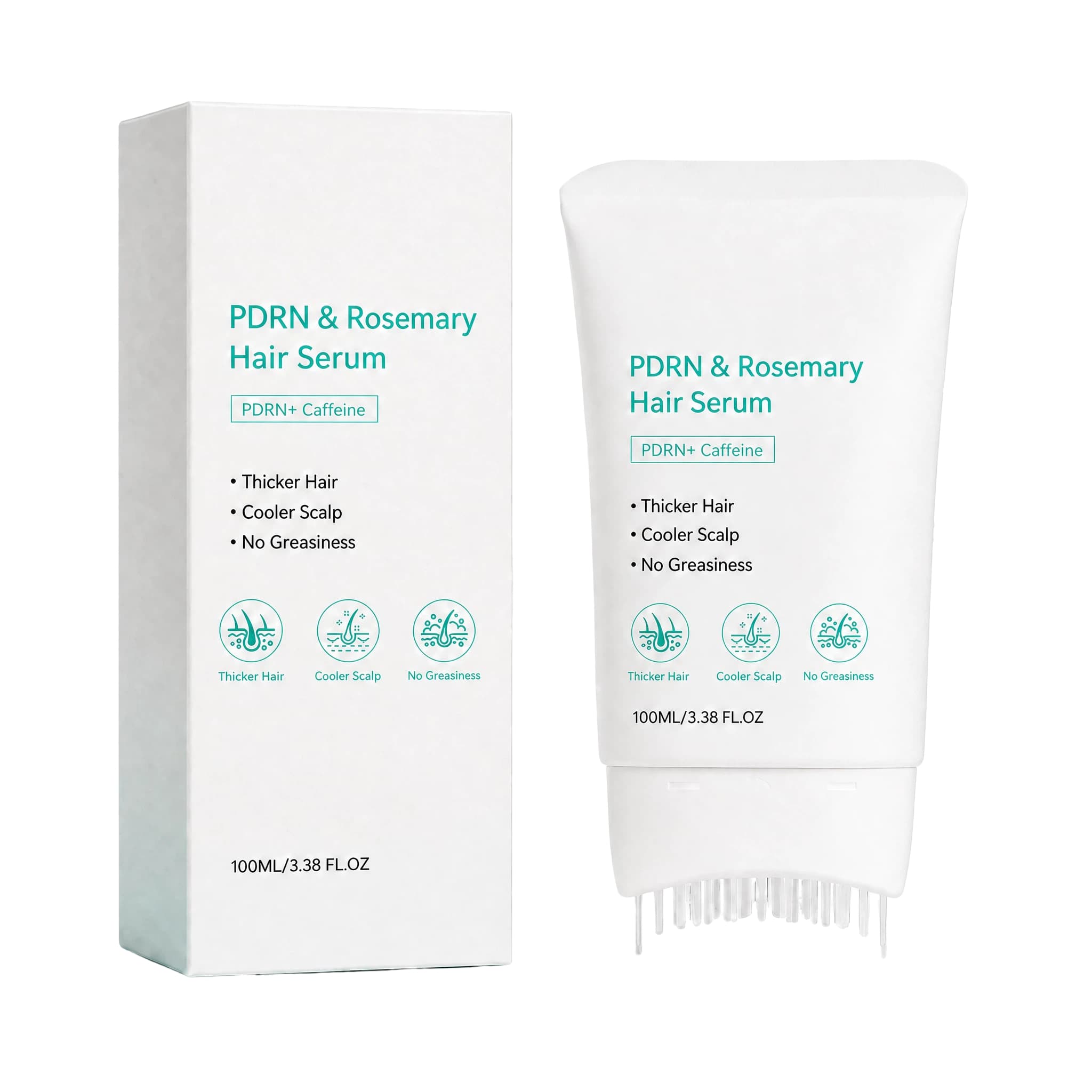 Nourishing hair serum tube with comb applicator and matching white box