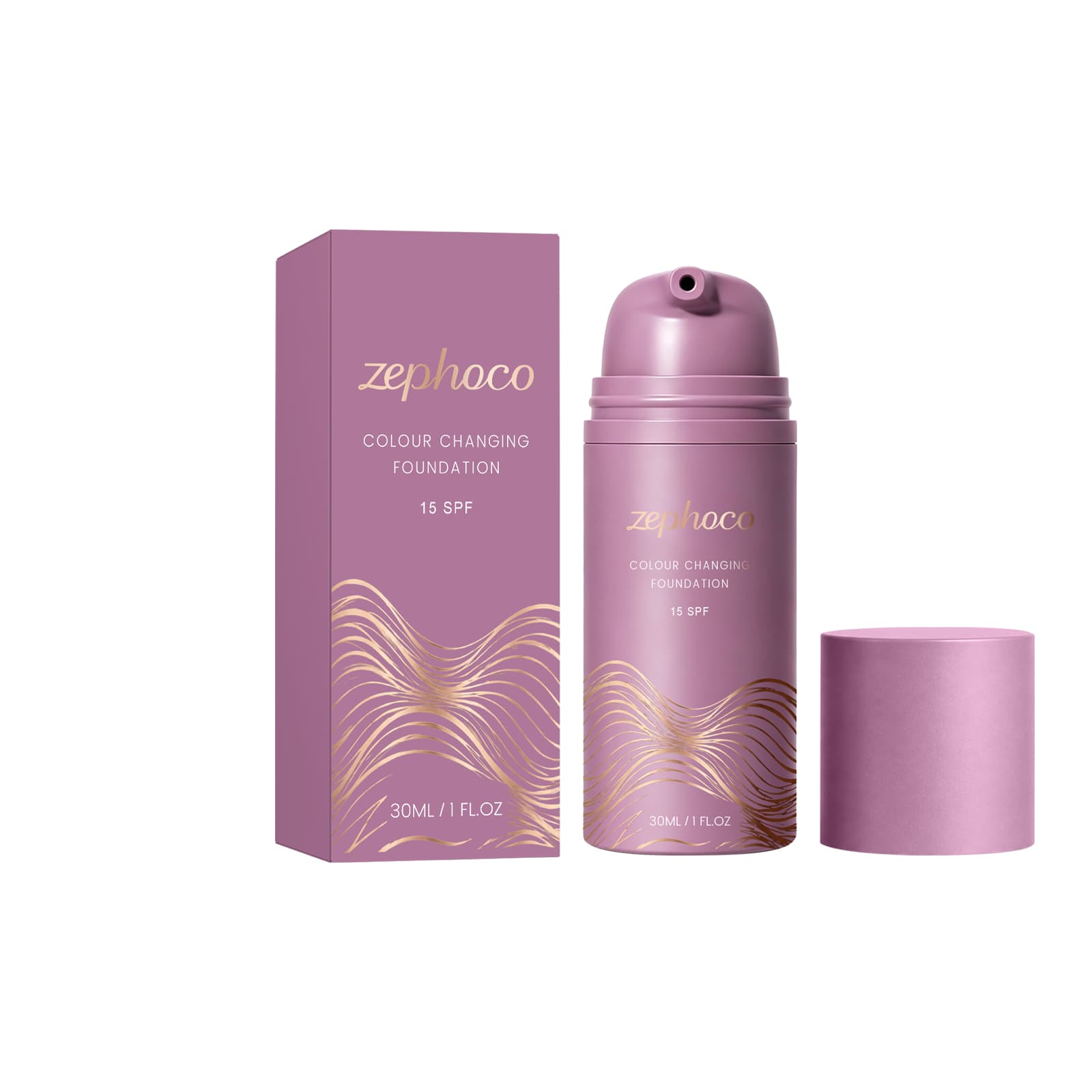 Moisturizing color-adapting foundation bottle with matching purple box
