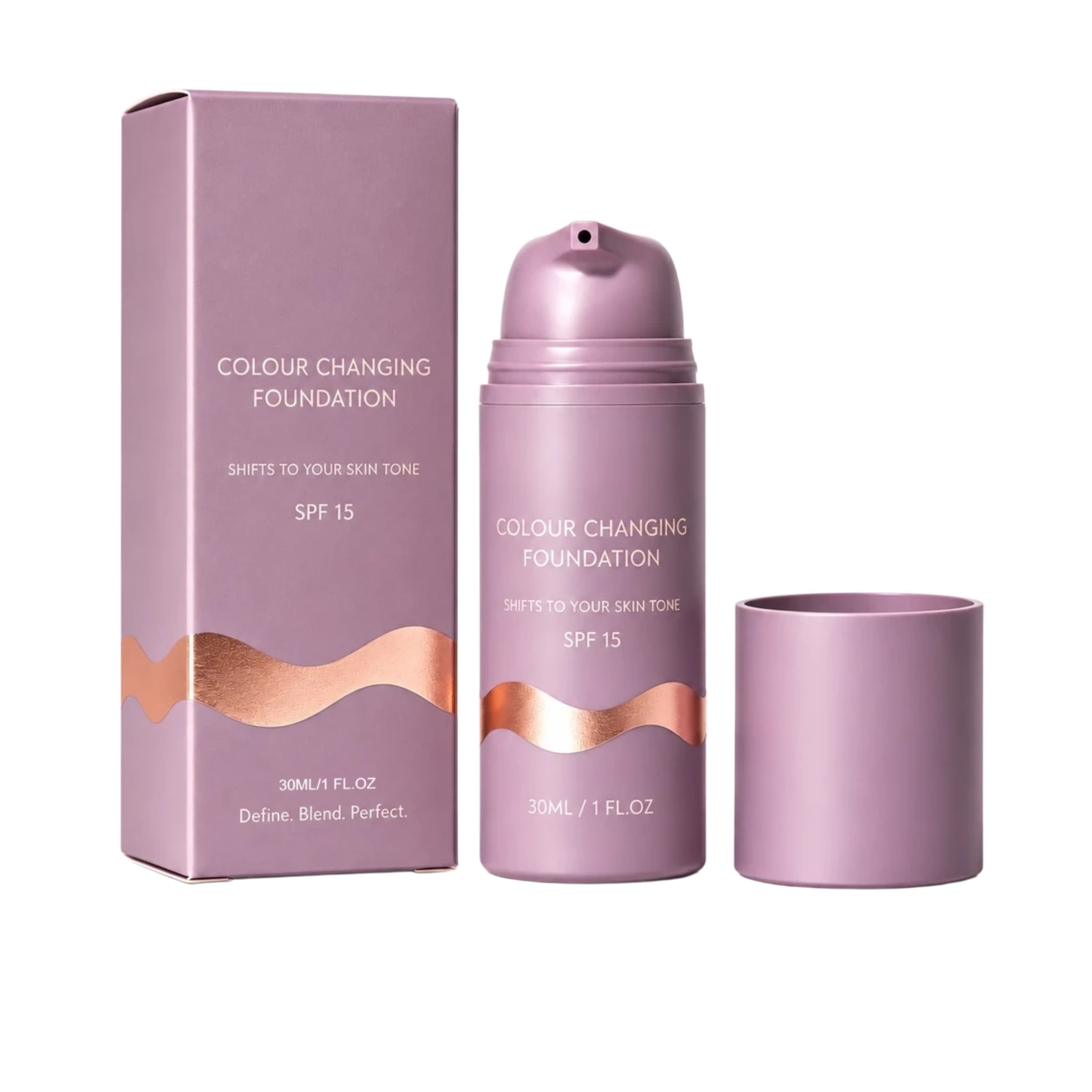 Color-adapting foundation bottle with matching purple box