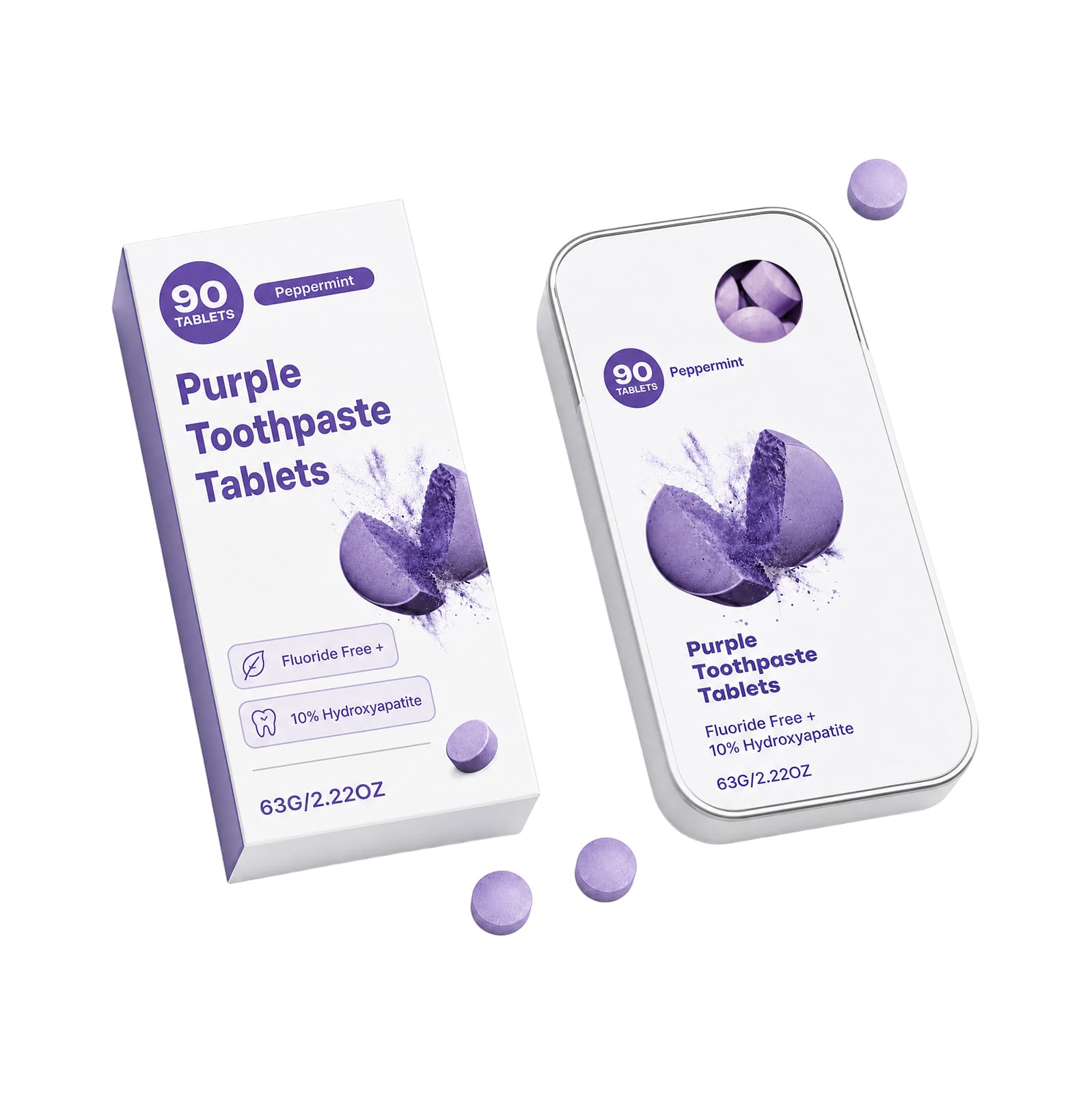 Purple toothpaste tablets in metal tin with matching box