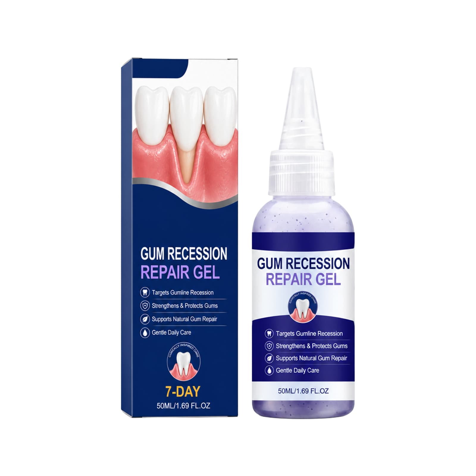 Oral care gel bottle with precision applicator and matching blue box