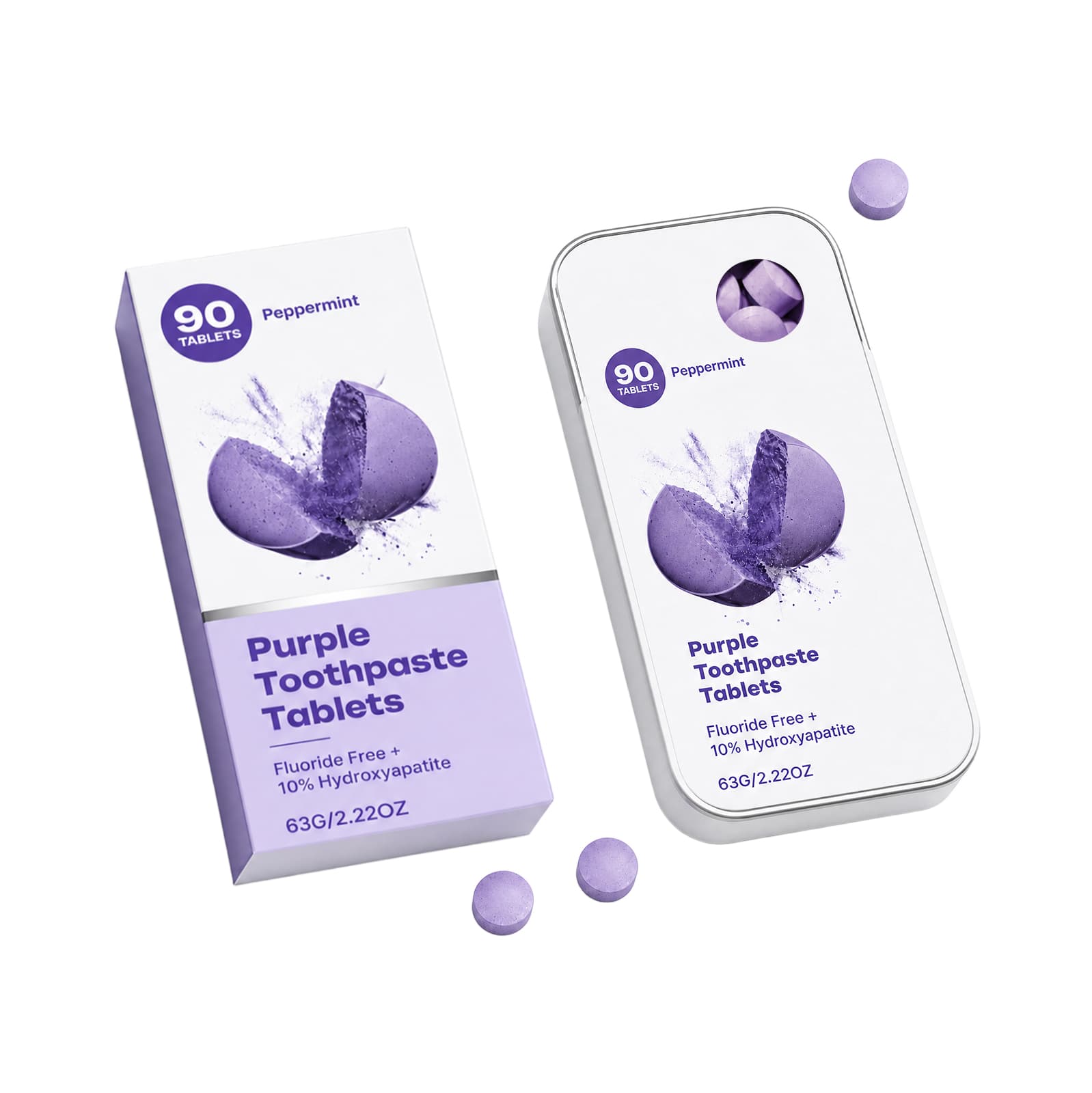 Purple toothpaste tablets in metal tin with matching box
