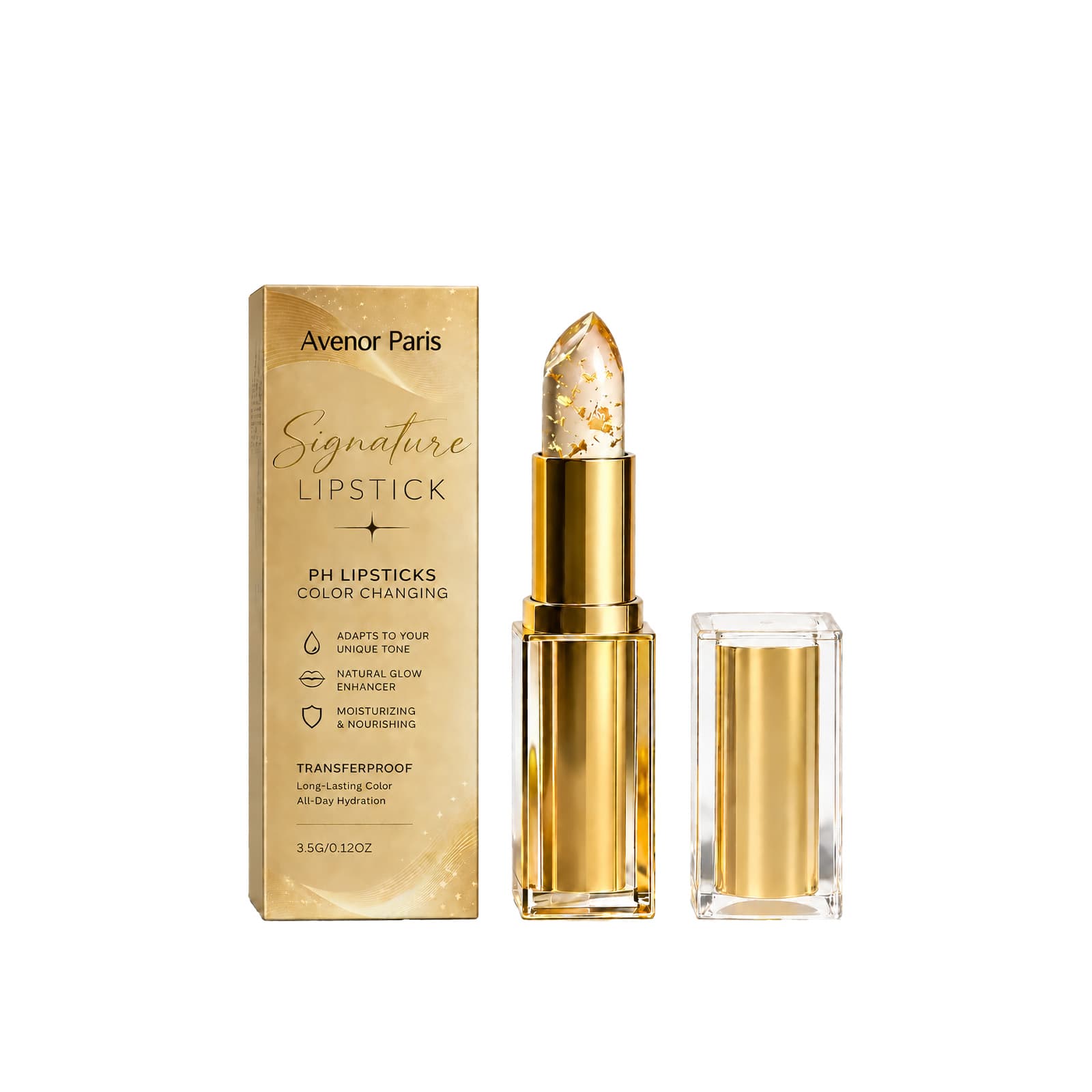 Decorative color-changing lipstick in gold case with matching box