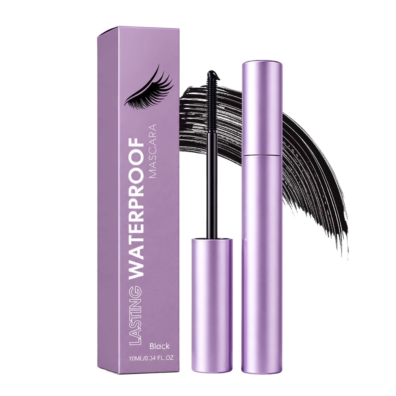 Black mascara tube and wand with matching purple box